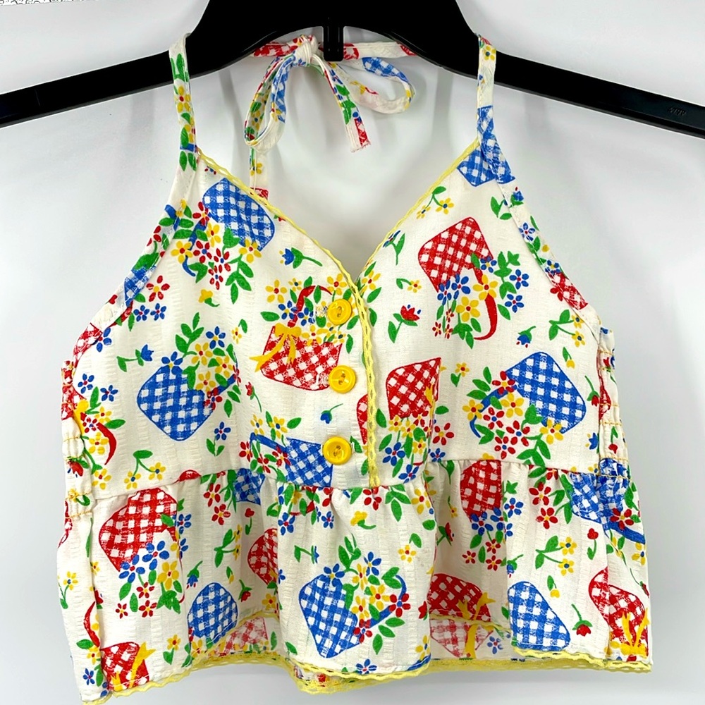 Vintage 70’s Child Gingham Flower Basket Print Halter Top Measurements